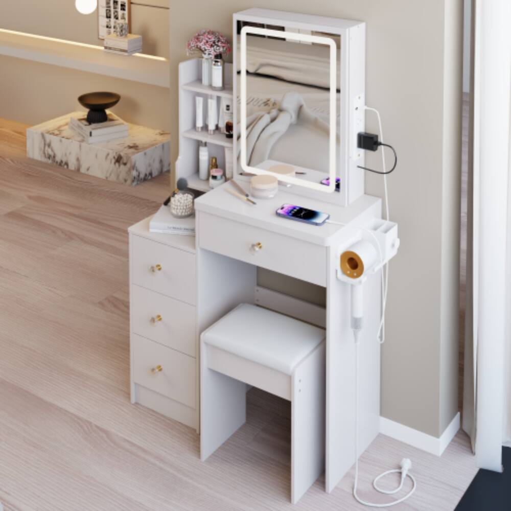 Back. LUCKY ONE - 29.2in Small Vanity Set with Touch Control LED Sliding Mirror, 2AC+USB+TypeC, Hair Dryer Stand and Stool - White.