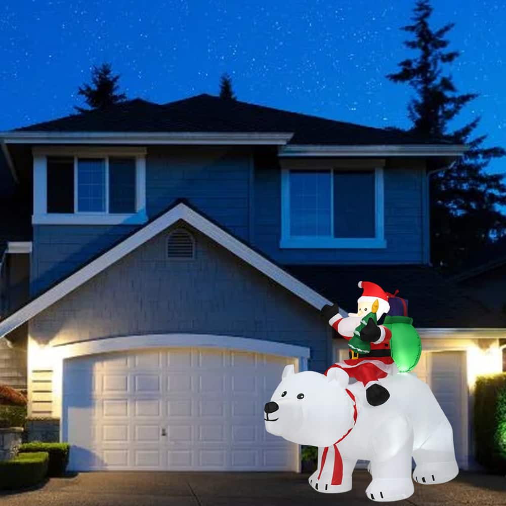 BreeBe - 6.5FT Lighted Inflatable Christmas Decoration – Santa Riding Polar Bear with Moving Head and LED Lights - White