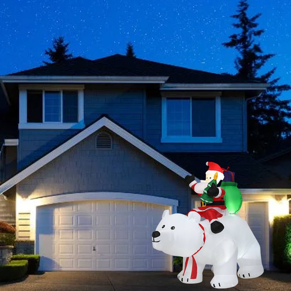 Front. BreeBe - 6.5FT Lighted Inflatable Christmas Decoration – Santa Riding Polar Bear with Moving Head and LED Lights - White.