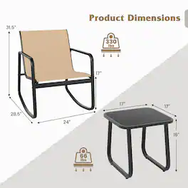 Costway - 3 Piece Patio Rocking Set 2 Rocking Bistro Chairs & Glass-Top Table for Porch - Black & Brown