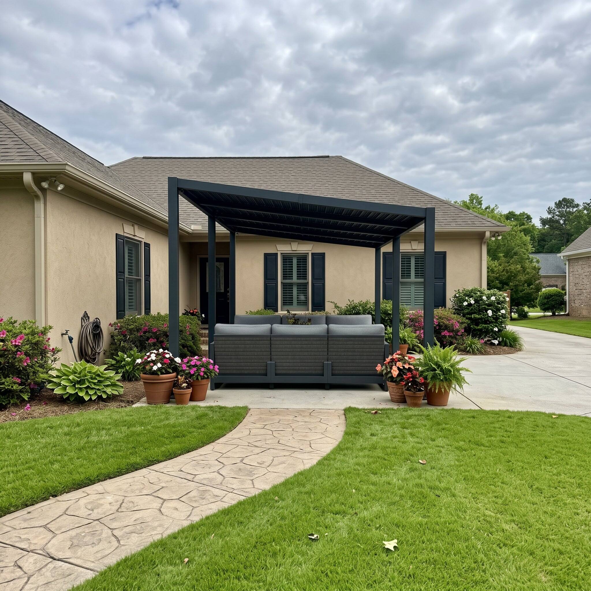 Left. PURPLE LEAF - 10'×20' Louvered Pergola Slanted Roof Outdoor Aluminum Frame With Adjustable Rainproof roof for Patio Garden Yard - Gray.