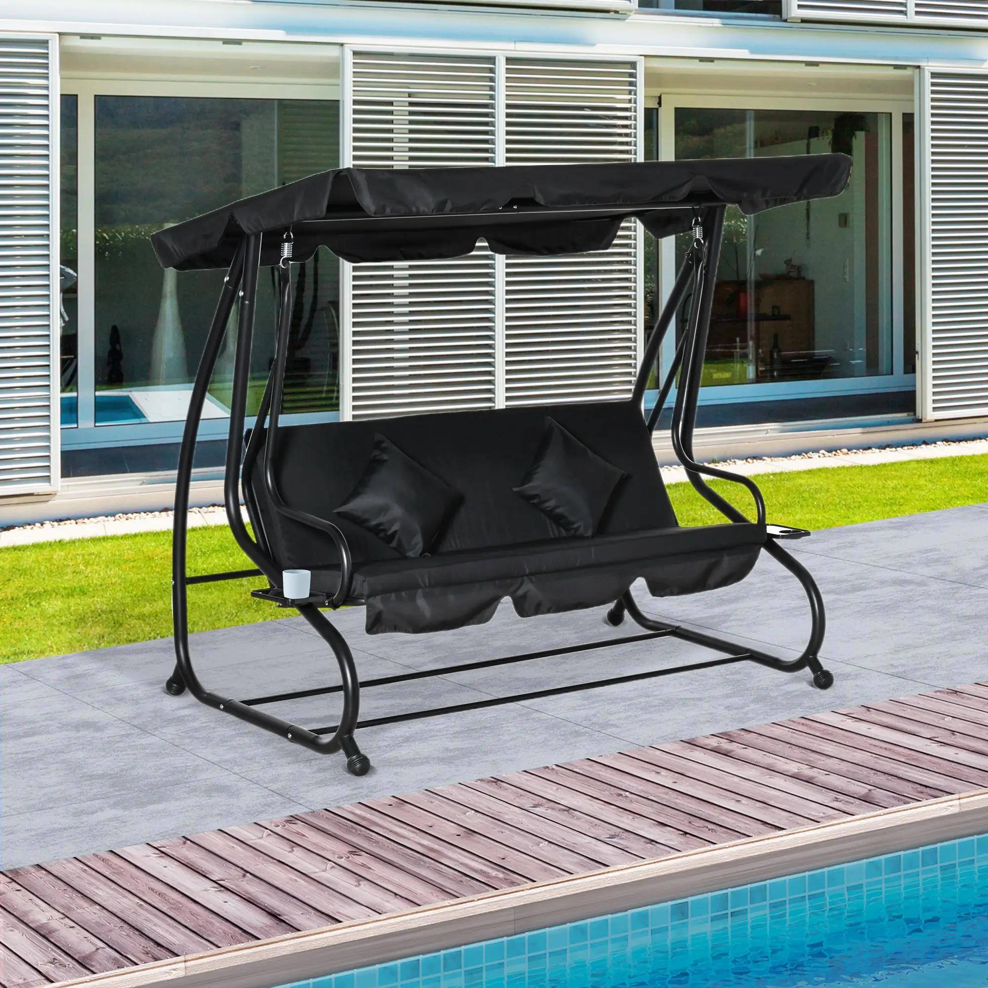Back. Resenkos - Resenkos 3-Seat Swing Chair, Convertible Flatbed Glider With Adjustable Canopy, Black.