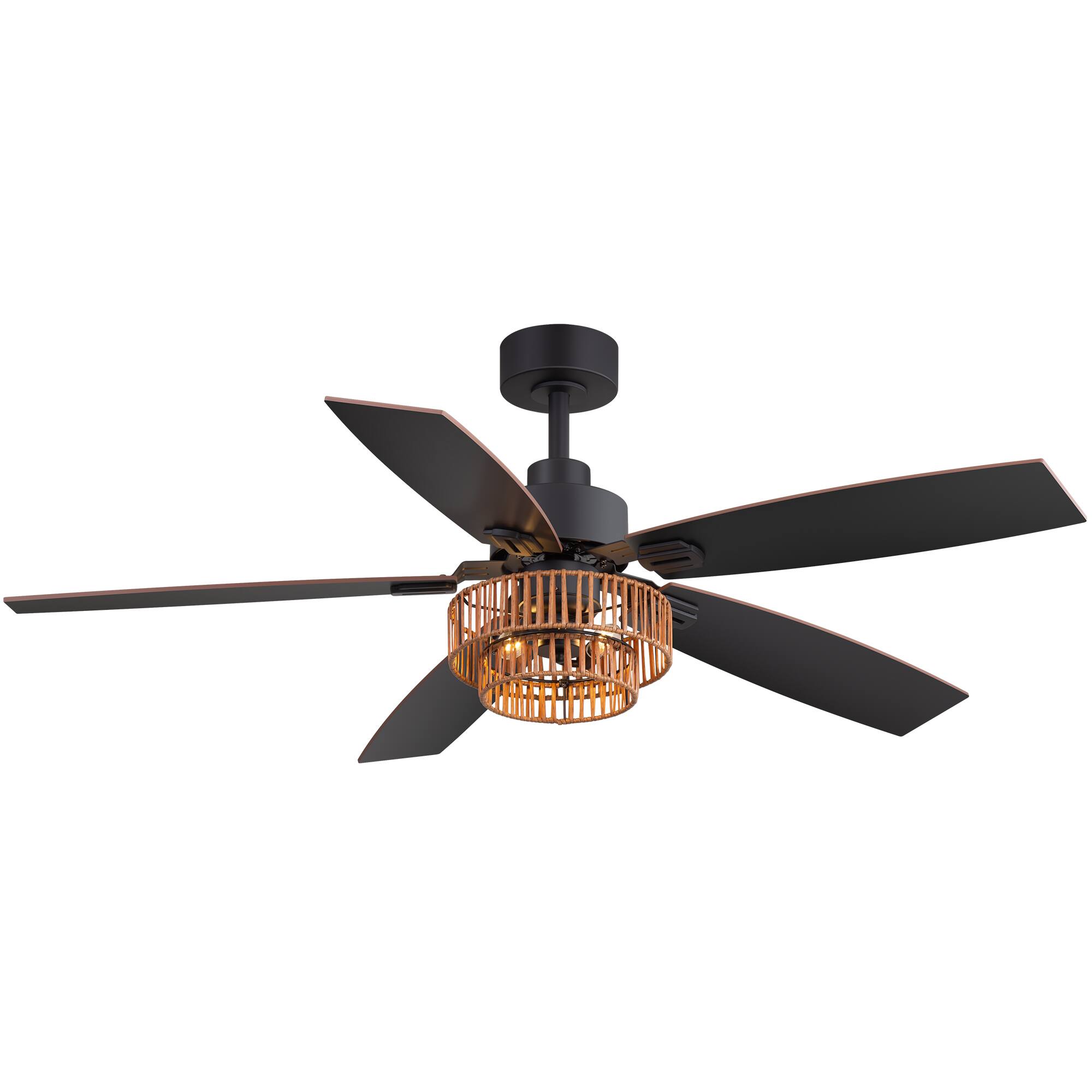 Angle. Breezary - 52-in Ceiling Fan with Two-Tier Rattan Basket Shade, Dual-finish blades, Timer, DC Motor, Remote & 6″ Downrod - Black and Deep Walnut.