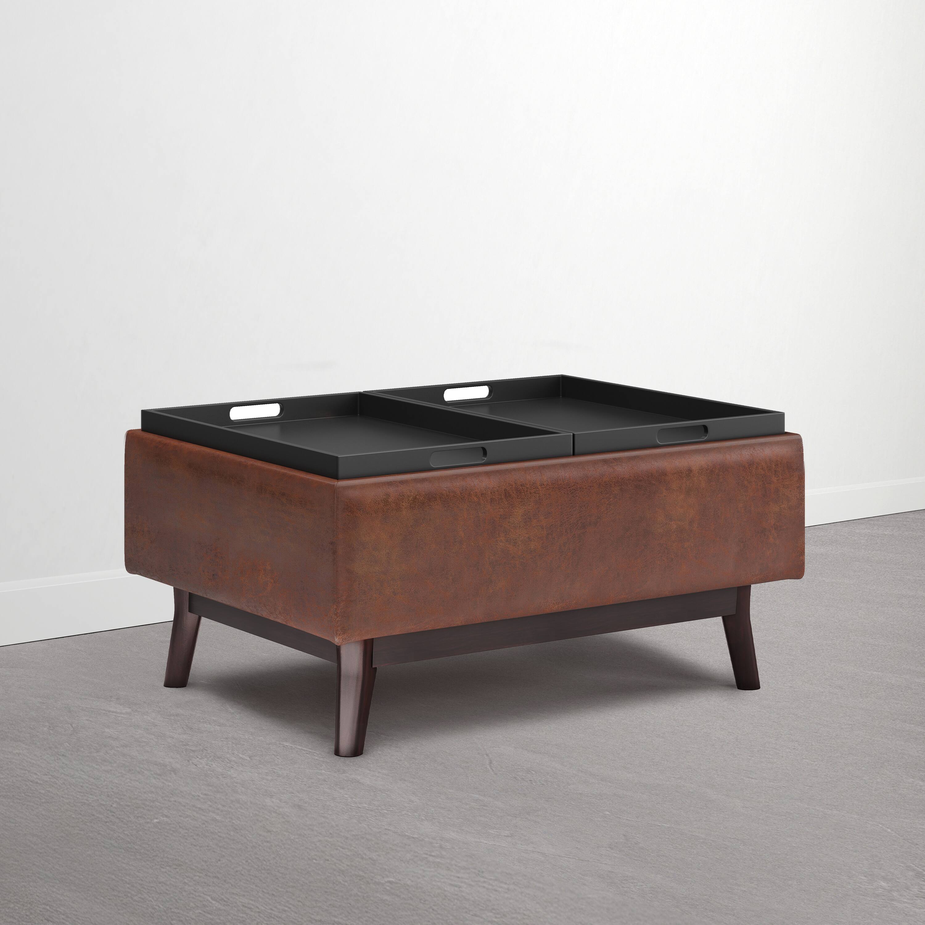 Left. Simpli Home - Owen Tray Top 34 inch Wide Solid Wood Storage Ottoman, Distressed Pecan Brown - Distressed Pecan Brown.