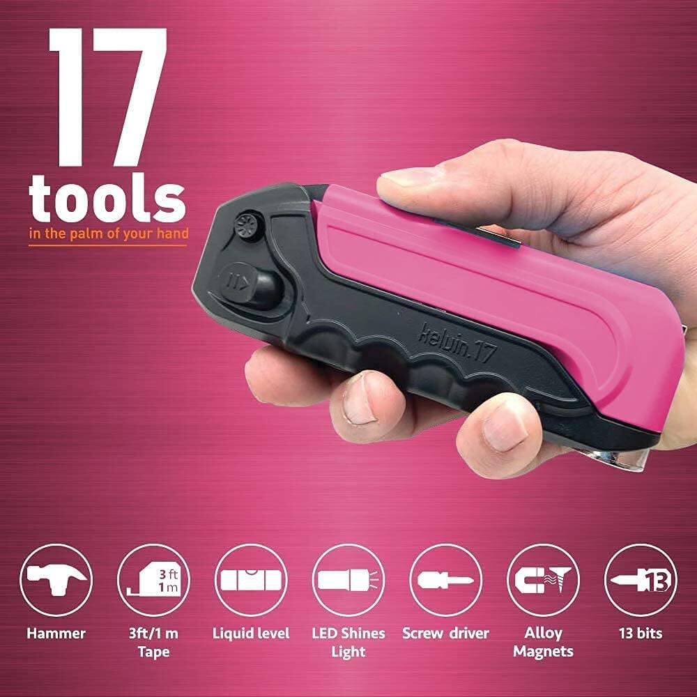 17 tools in the palm of your hand

- Hammer
- 3ft/1m Tape
- Liquid level
- LED Light
- Screw driver
- Alloy Magnets
- 13 bits