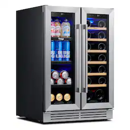 Yeego - 24" Dual Zone Wine & Beverage Refrigerator, 20-Bottle 60-Can Cooler with Compressor Cooling, Built-In Glass Door - Stainless Steel
