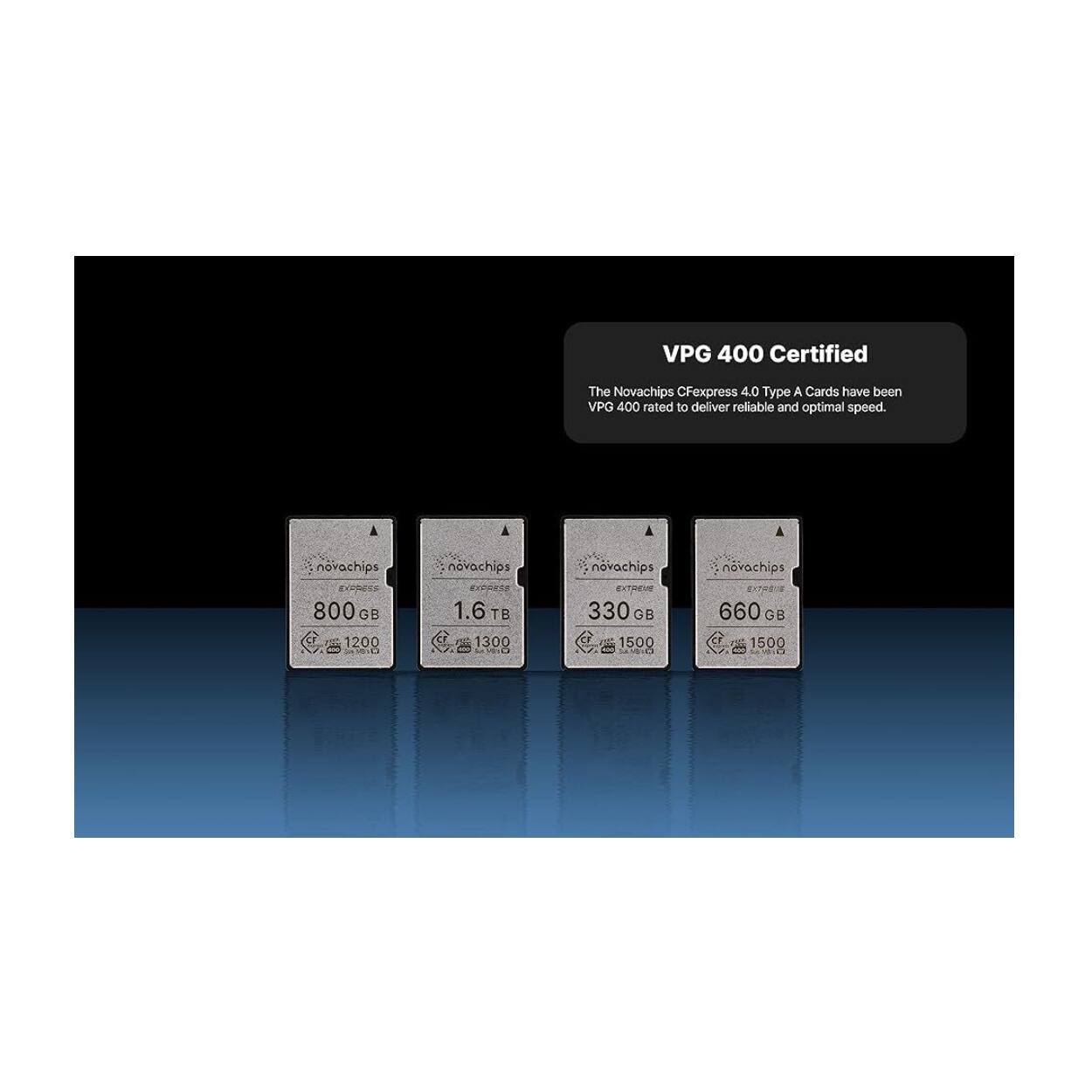 VPG 400 Certified

The Novachips CFexpress 4.0 Type A Cards have been VPG 400 rated to deliver reliable and optimal speed.

- novachips 800 GB 1200
- novachips 1.6 TB 1300
- novachips 330 GB 1500
- novachips 660 GB 1500