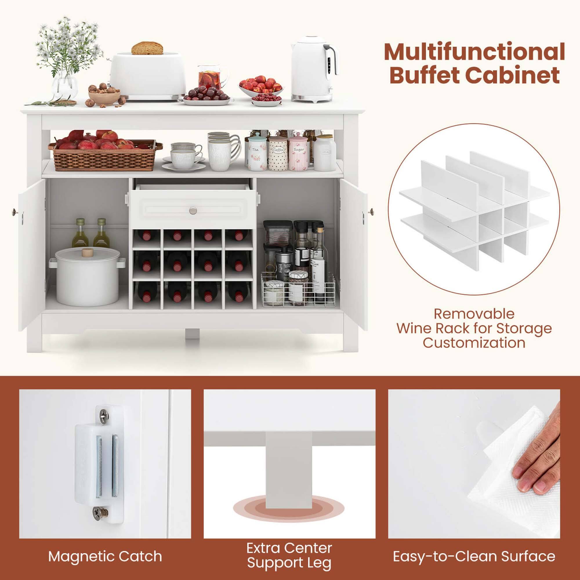 Multifunctional Buffet Cabinet

- Removable Wine Rack for Storage Customization
- Magnetic Catch
- Extra Center Support Leg
- Easy-to-Clean Surface
