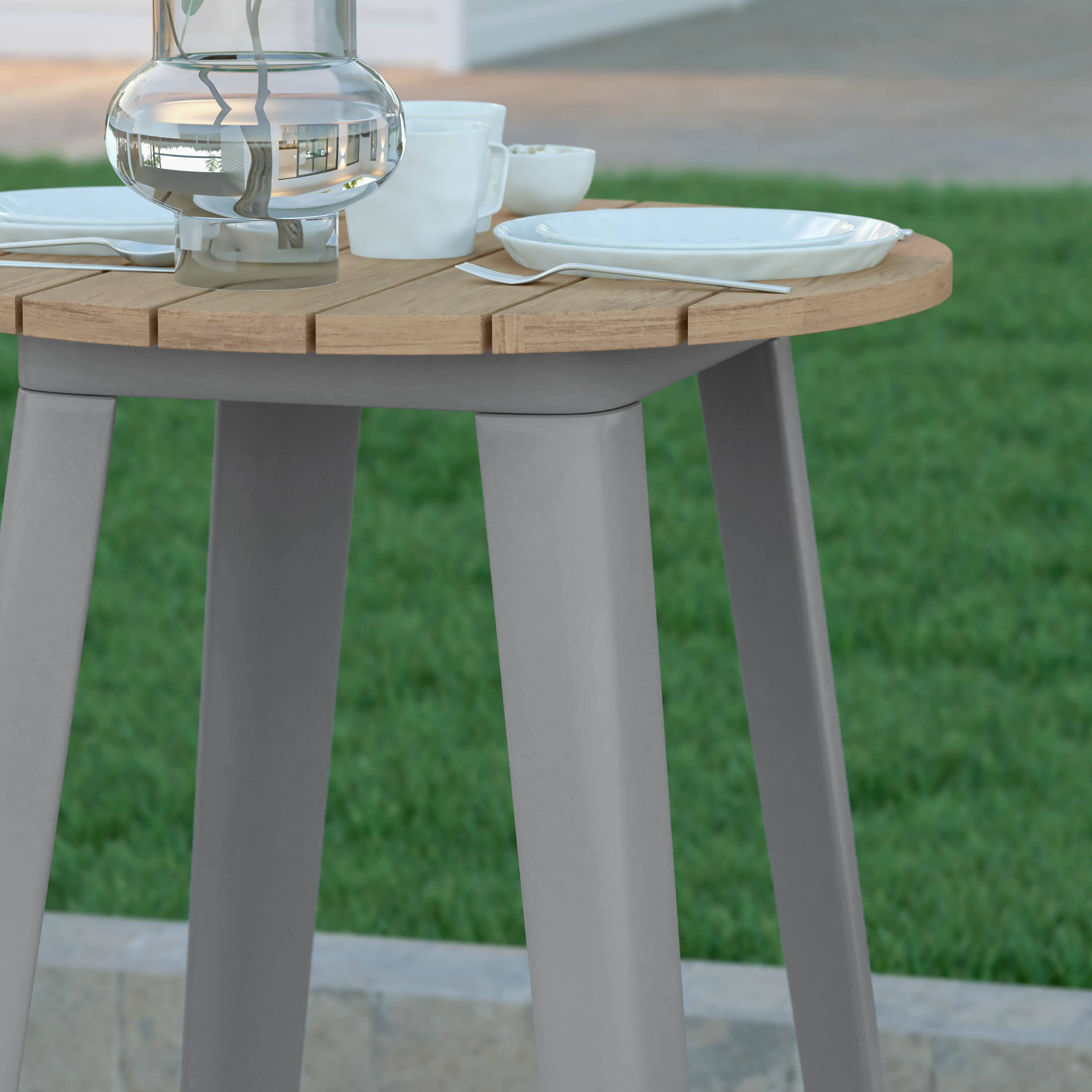 Alt View 4. Emma + Oliver - Drew Indoor/Outdoor Bar Top Table, 23.75" Round All Weather Poly Resin Top with Steel base - Brown Top/Silver Frame.