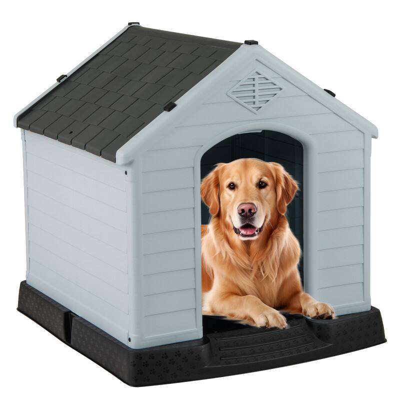 Front. WELLFOR - 31" Durable Dog House for Small Dogs, Waterproof Dog Shelter with Elevated Floor, Easy Clean and Assemble - Gray.