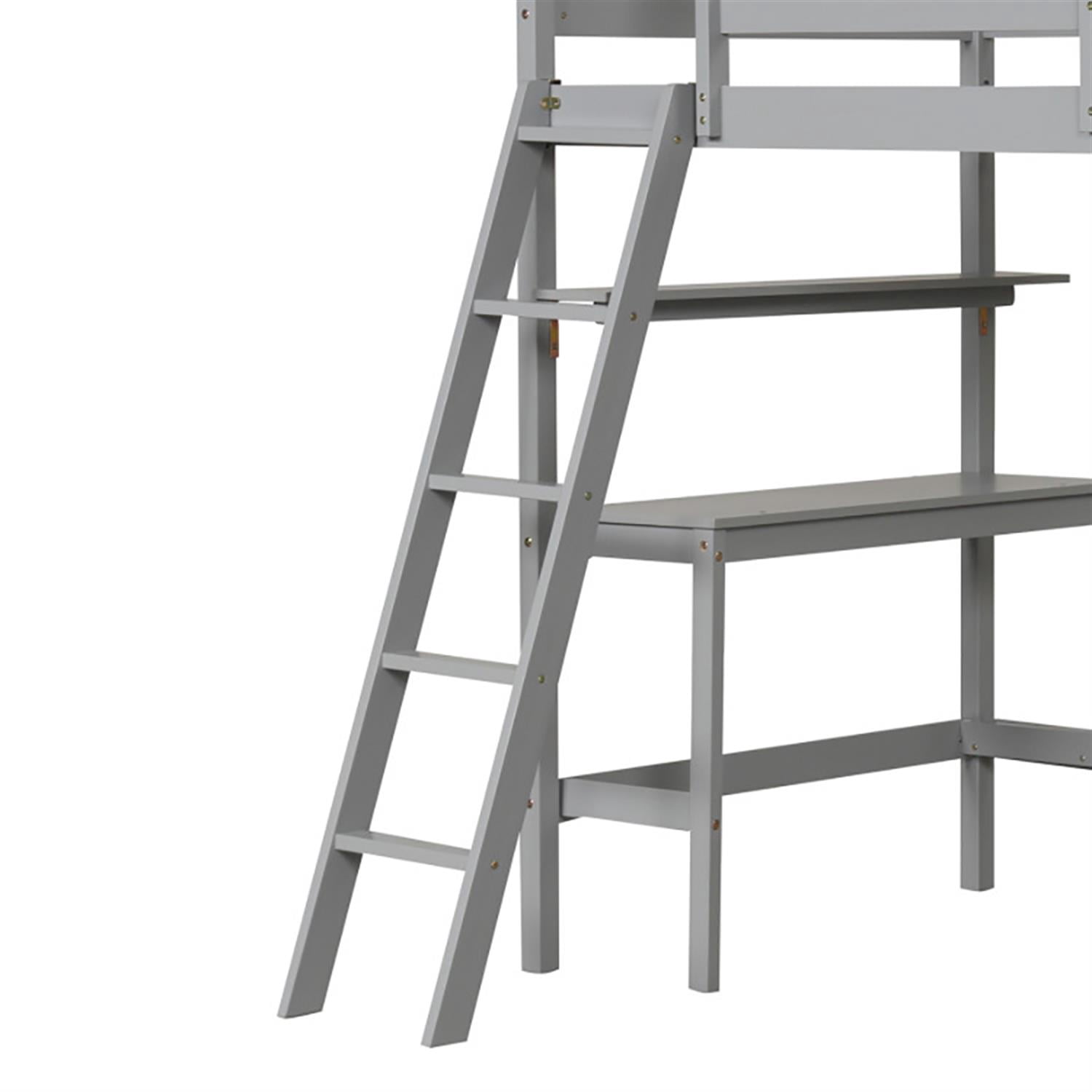 Angle. Pefilos - Loft Bed Twin Size, Solid Wood Loft Bed with Desk and Bookshelves, Modern Wooden Bed Frame for Teens, Gray - Gray.