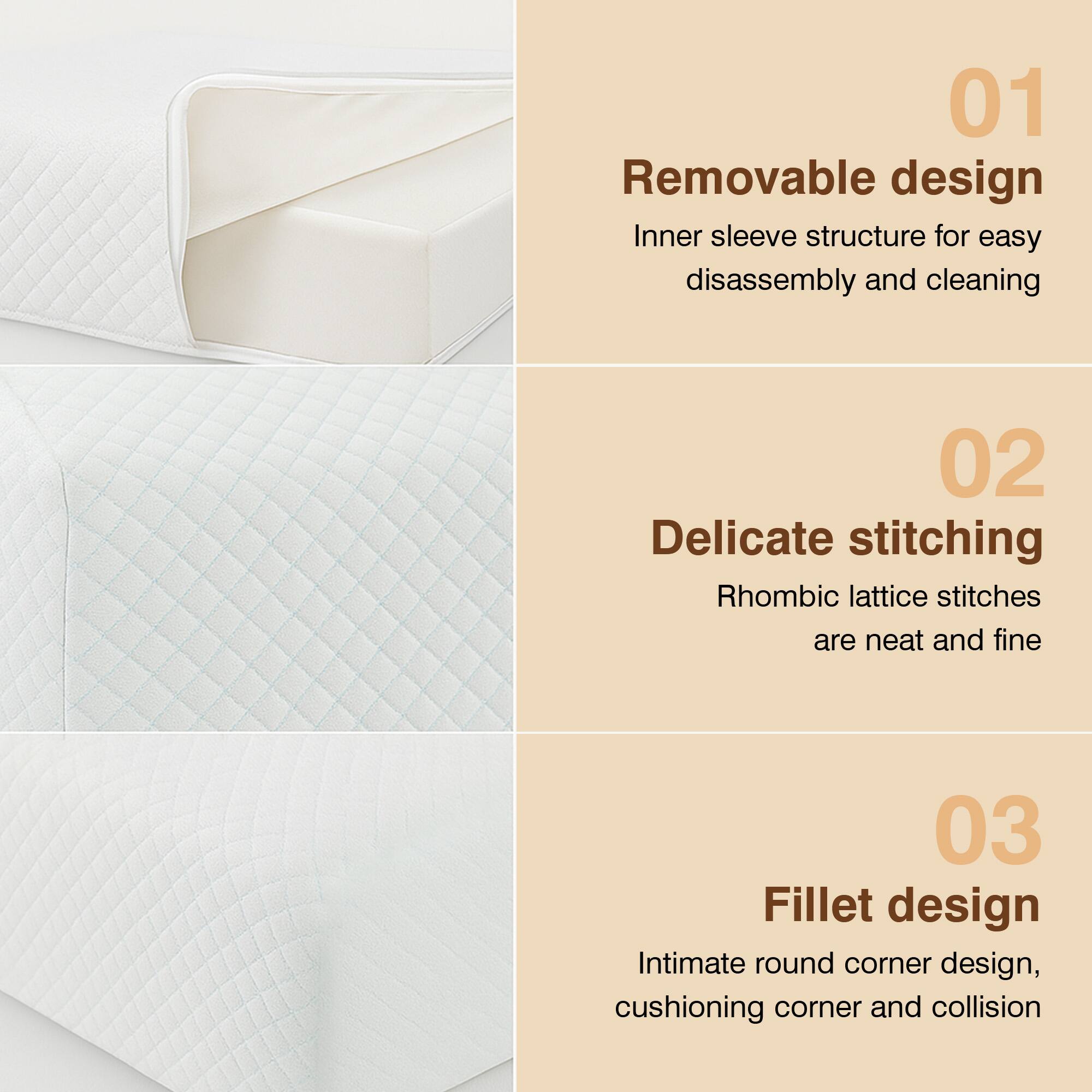 01 Removable design  
Inner sleeve structure for easy disassembly and cleaning

02 Delicate stitching  
Rhombic lattice stitches are neat and fine

03 Fillet design  
Intimate round corner design, cushioning corner and collision