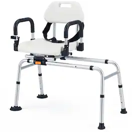 Gymax - Sliding Shower Chair w/ Backrest Swivel Seat 5-Level Adjustable Height - White, Sliver