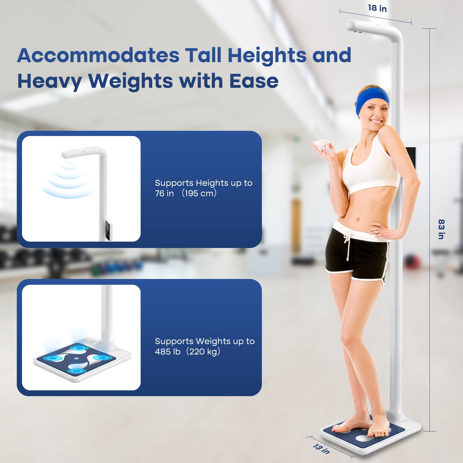 The text on the image is grouped and corrected as follows:

"Accommodates Tall Heights and Heavy Weights with Ease. Supports Heights up to 195 cm (76 in) and Weights up to 220 kg (485 lb)."