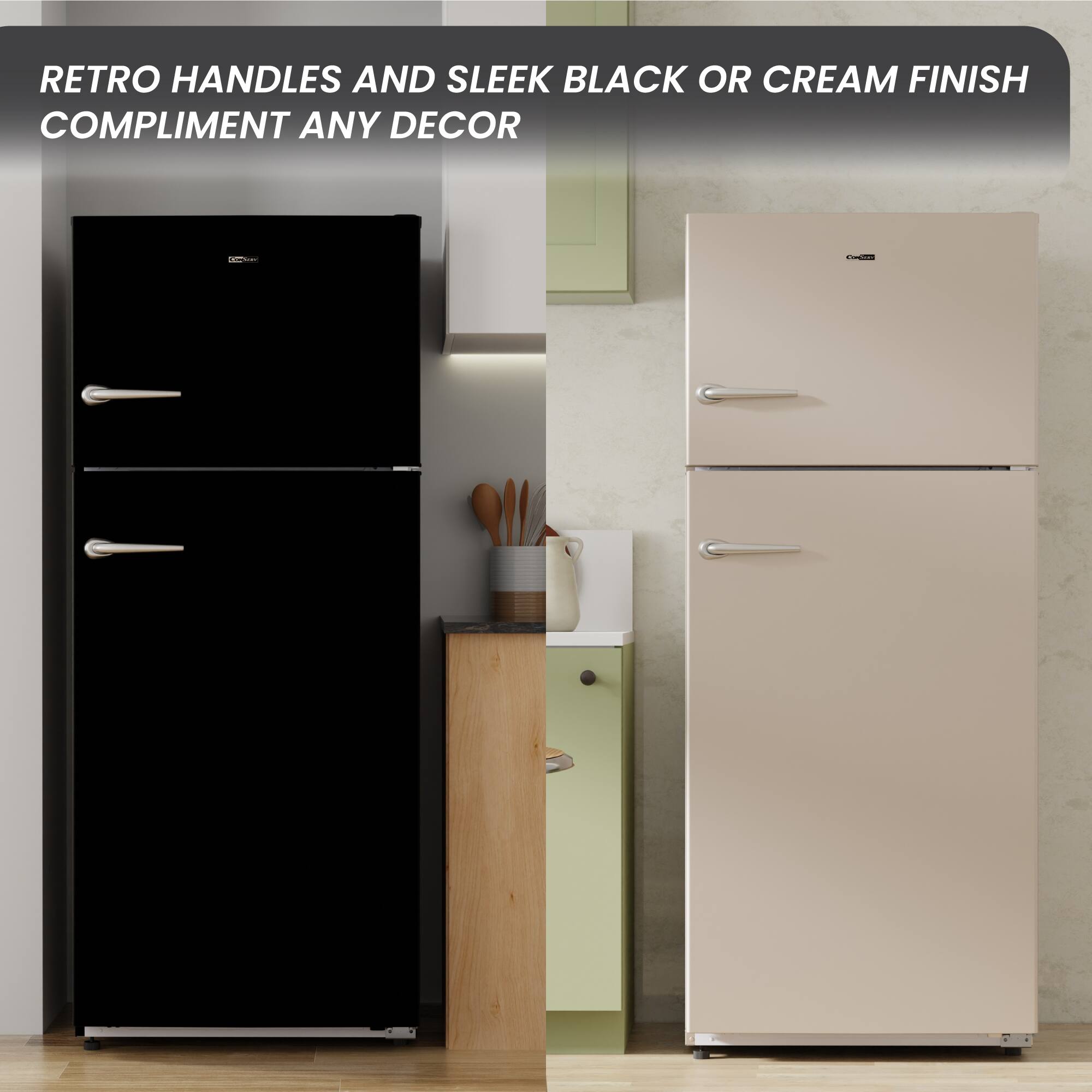 RETRO HANDLES AND SLEEK BLACK OR CREAM FINISH COMPLIMENT ANY DECOR