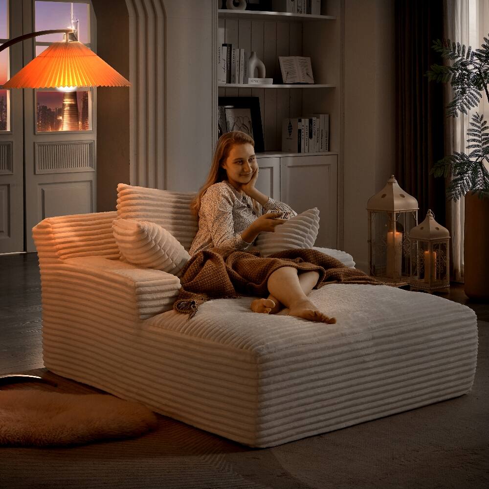 Alt View 2. Loheer - Loheer Oversized Chaise Lounge Chair Indoor Corduroy Modern Sofa - Beige.
