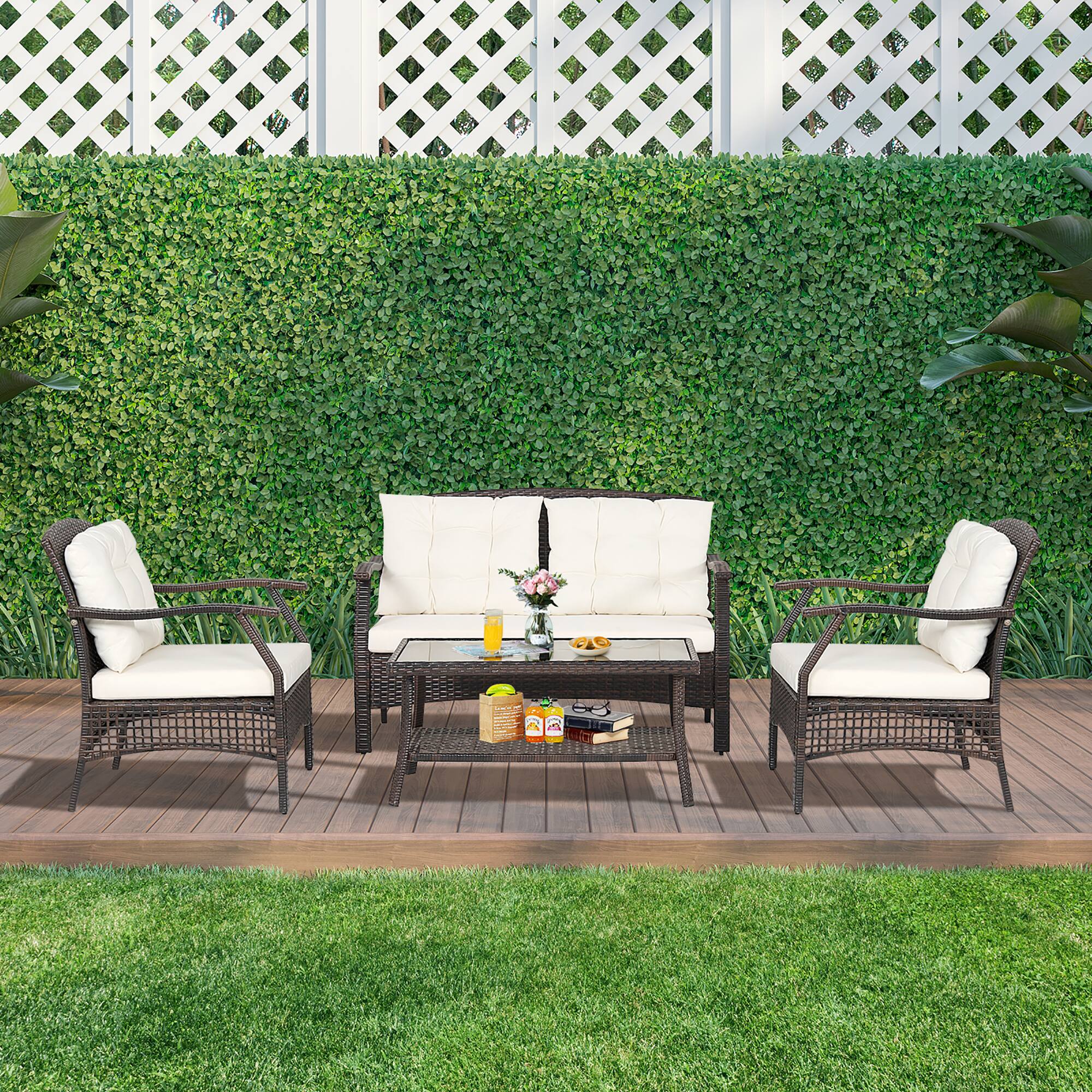 Alt View 2. Costway - Costway 4 PCS Outdoor Rattan Conversation Set Patio Rattan Sofa Set W/ Protective Cover - Beige.