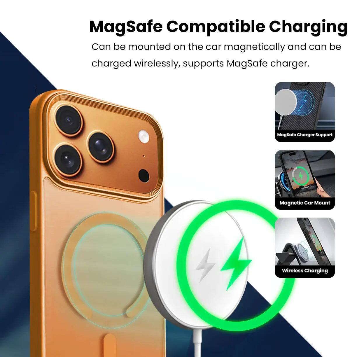 MagSafe Compatible Charging  
Can be mounted on the car magnetically and can be charged wirelessly, supports MagSafe charger.  

MagSafe Charger Support  
Magnetic Car Mount  
Wireless Charging