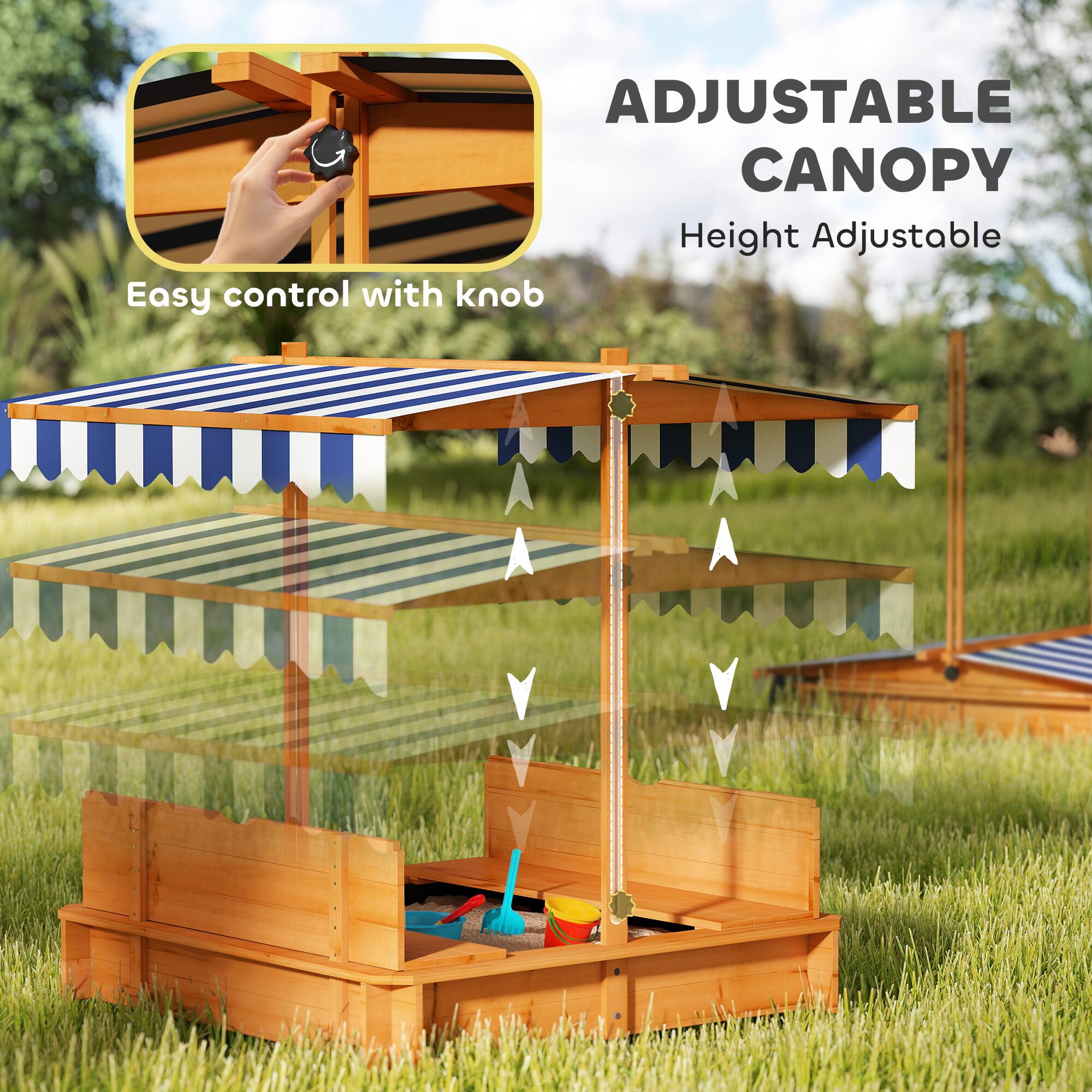 Back. Outsunny - Wooden Sandbox with Lid, Kids Sandbox with Canopy Outdoor, Sand Box with Foldable Bench Seats and Sand Protection.