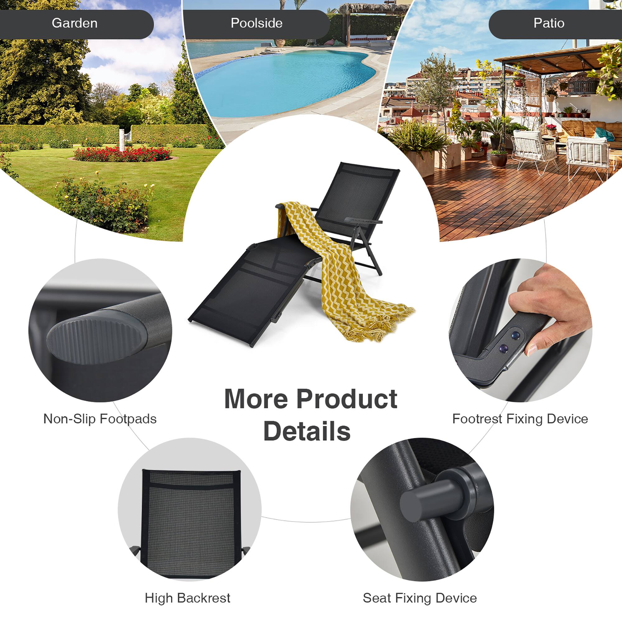 Garden, Poolside, Patio, Non-Slip Footpads, More Product Details, Footrest Fixing Device, High Backrest, Seat Fixing Device