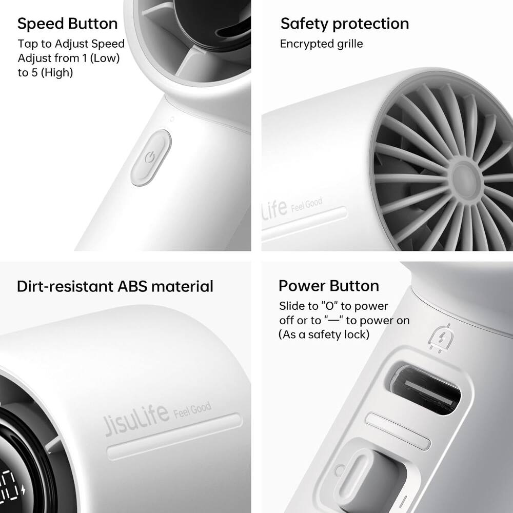 Speed Button  
Tap to Adjust Speed  
Adjust from 1 (Low) to 5 (High)  

Safety protection  
Encrypted grille  

Dirt-resistant ABS material  

Power Button  
Slide to "O" to power off or to "—" to power on (As a safety lock)  

Feel Good Life  
Jisulife