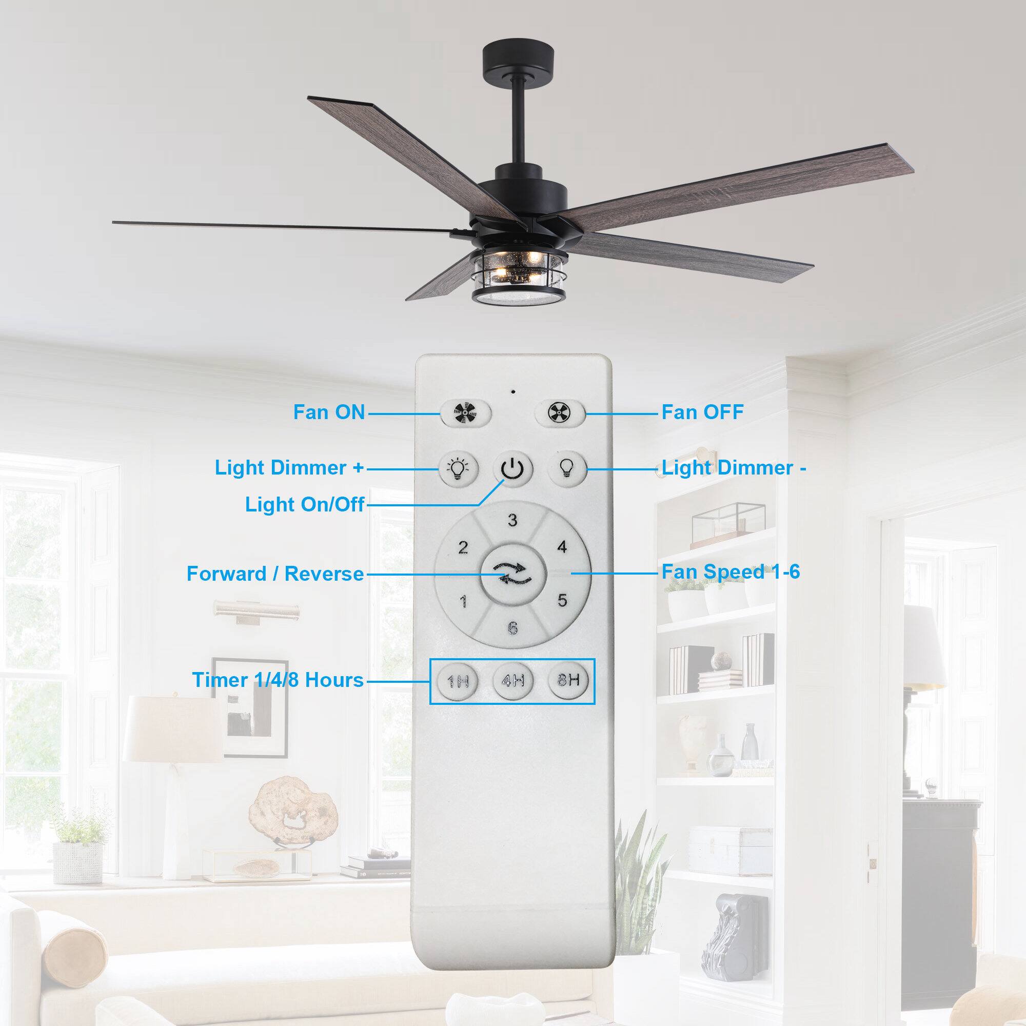 - Fan ON
- Fan OFF
- Light Dimmer +
- Light Dimmer -
- Light On/Off
- Forward / Reverse
- Fan Speed 1-6
- Timer 1/4/8 Hours (1H, 4H, 8H)