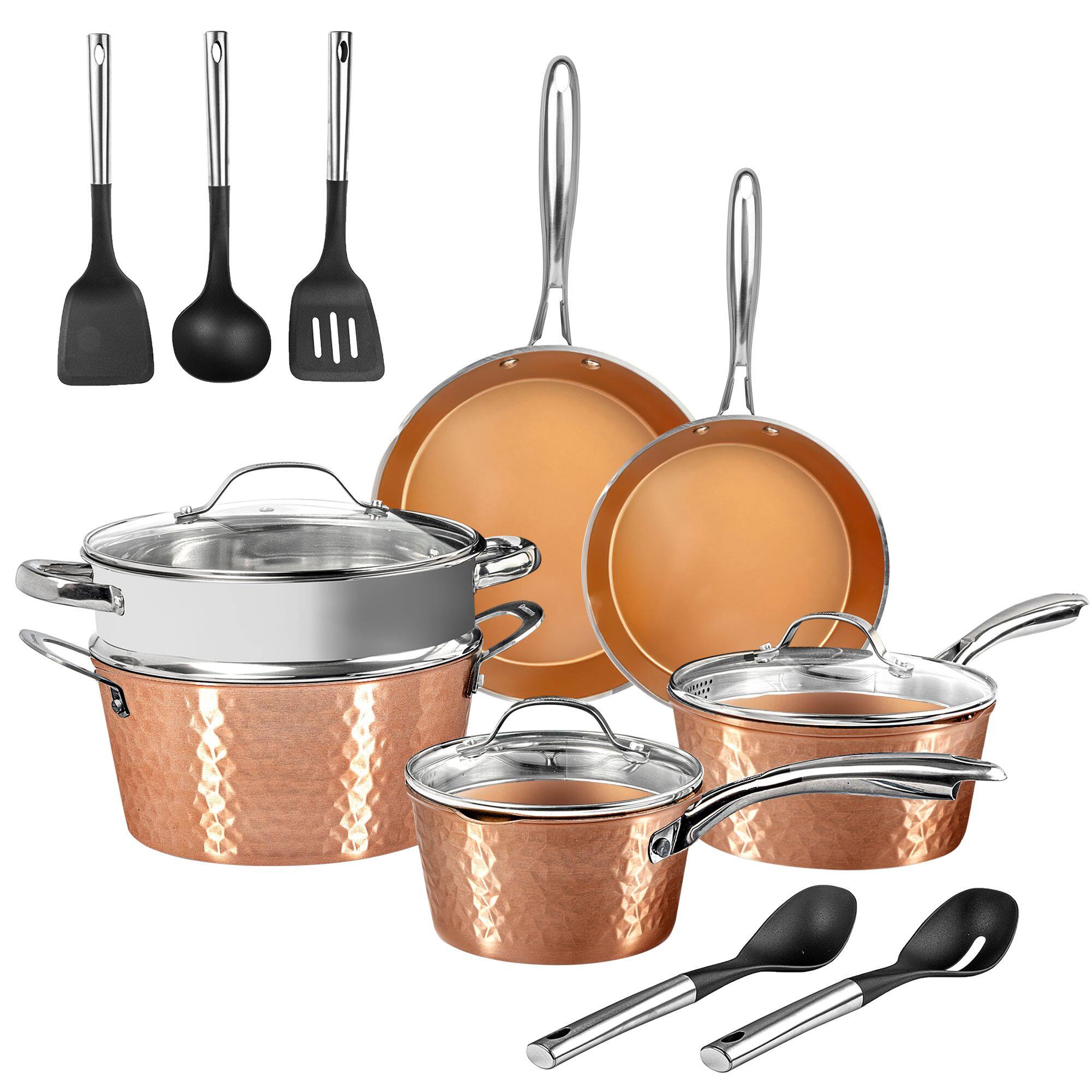 Gotham Steel - Nonstick Pots and Pans 15 Piece Set Ceramic Cookware Kitchen Set Hammered With Frying Skillet Saucepan - Brown