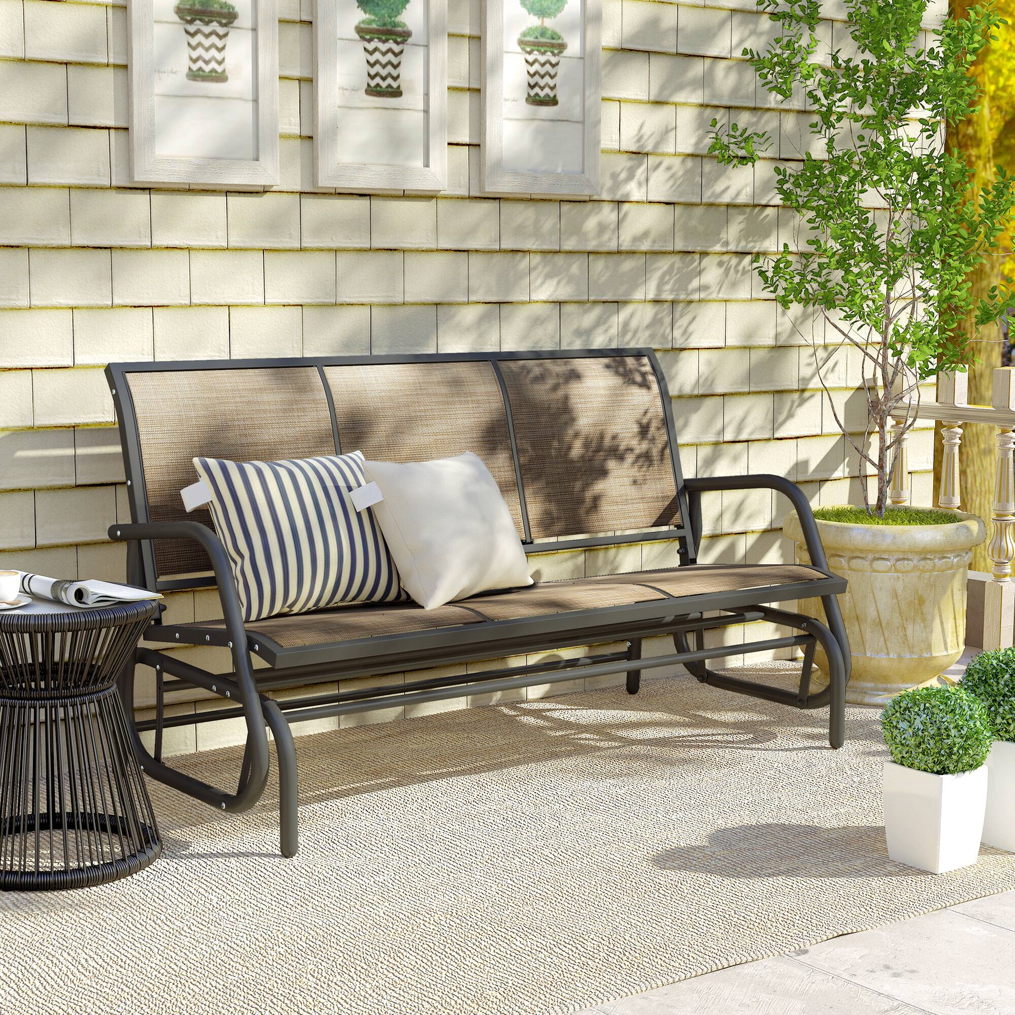 Alt View 8. Outsunny - Outdoor Patio Glider Bench, Porch Glider Swing with 3 Seats, Breathable Mesh Fabric - Light Mixed Brown.