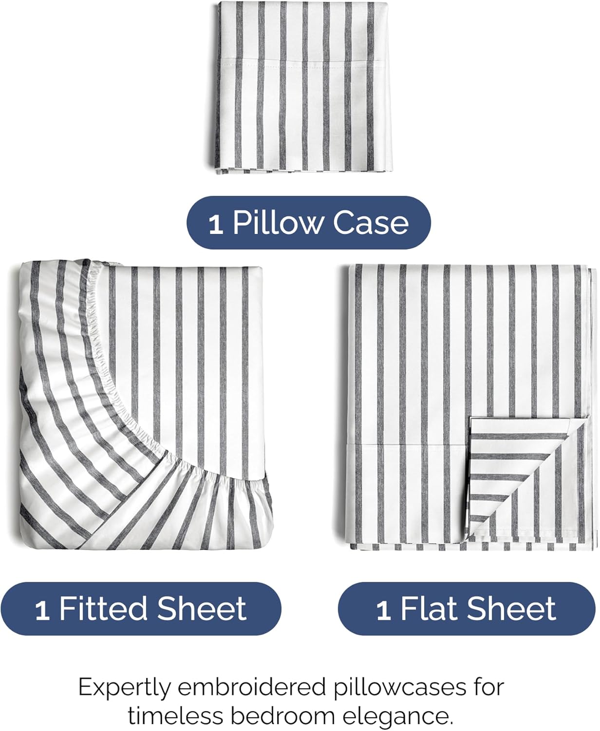 1 Pillow Case  
1 Fitted Sheet  
1 Flat Sheet  

Expertly embroidered pillowcases for timeless bedroom elegance.
