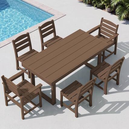 Front. SERWALL - HDPE Outdoor Dining Set for 6, 67'' Patio Table and Chairs Set - Brown.
