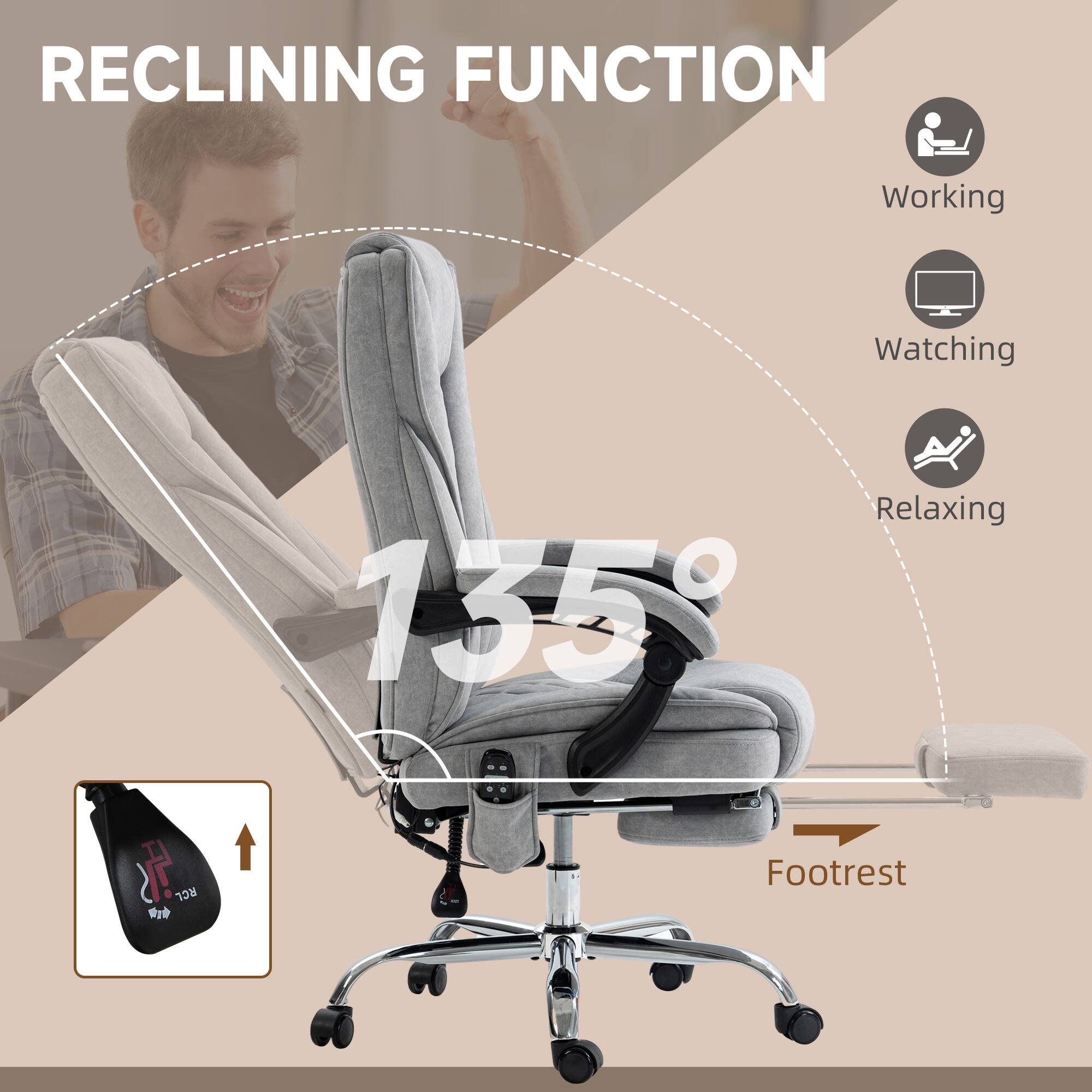 RECLINING FUNCTION Working Watching Relaxing 135° RCL W Footrest