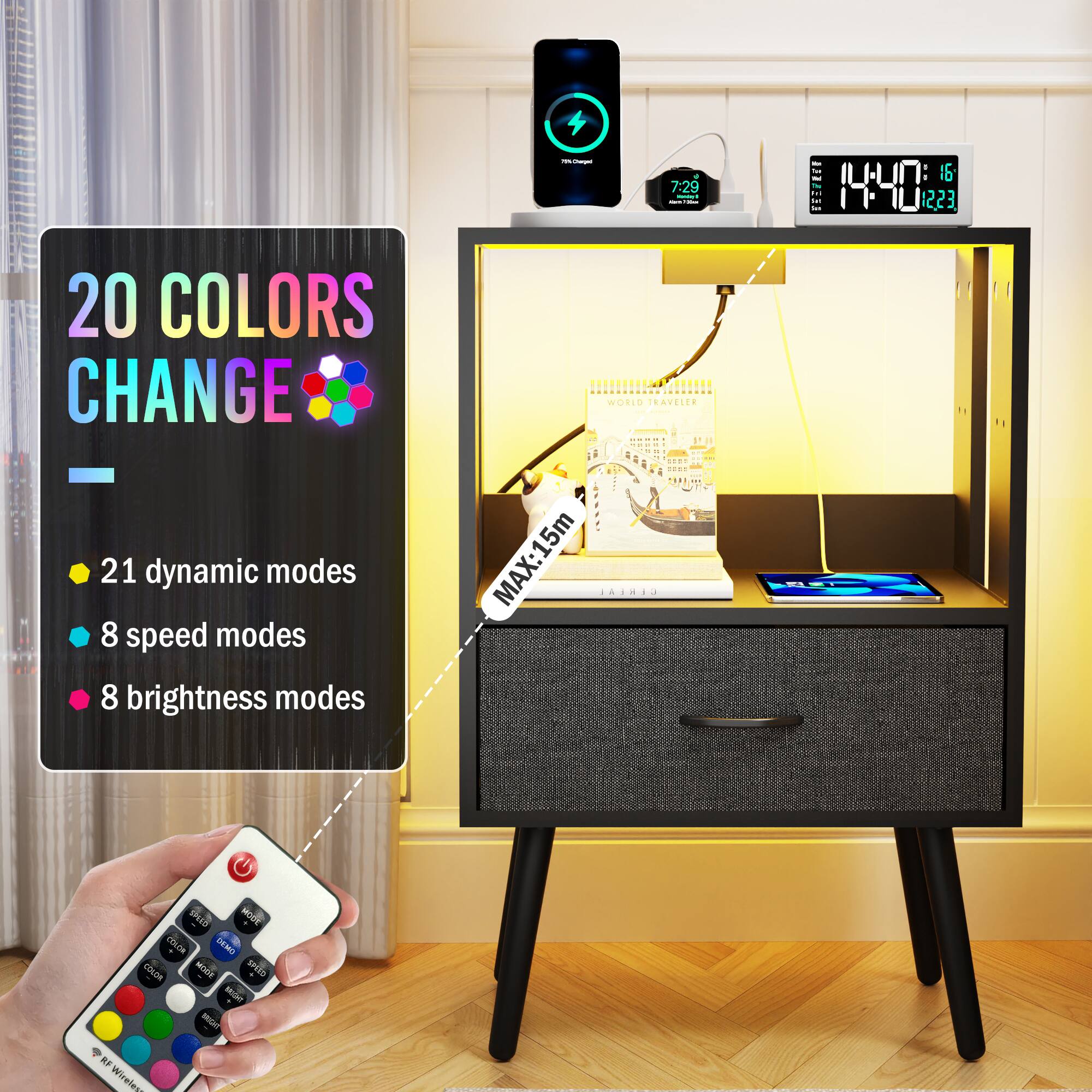 20 COLORS CHANGE

- 21 dynamic modes
- 8 speed modes
- 8 brightness modes

MAX: 15m

RF Wireless