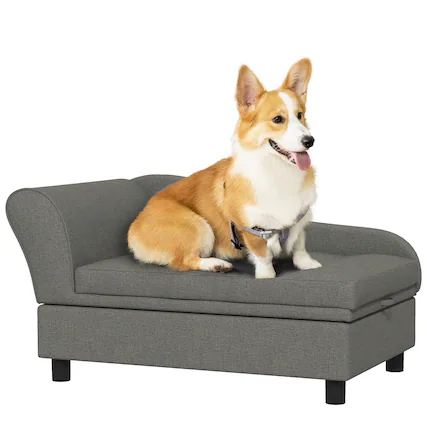 Front. Pawhut - Pet Sofa, Dog Couch, Elevated Pet Bed for Small Dogs, with Hidden Storage, Soft Tufted Cushion - Gray.