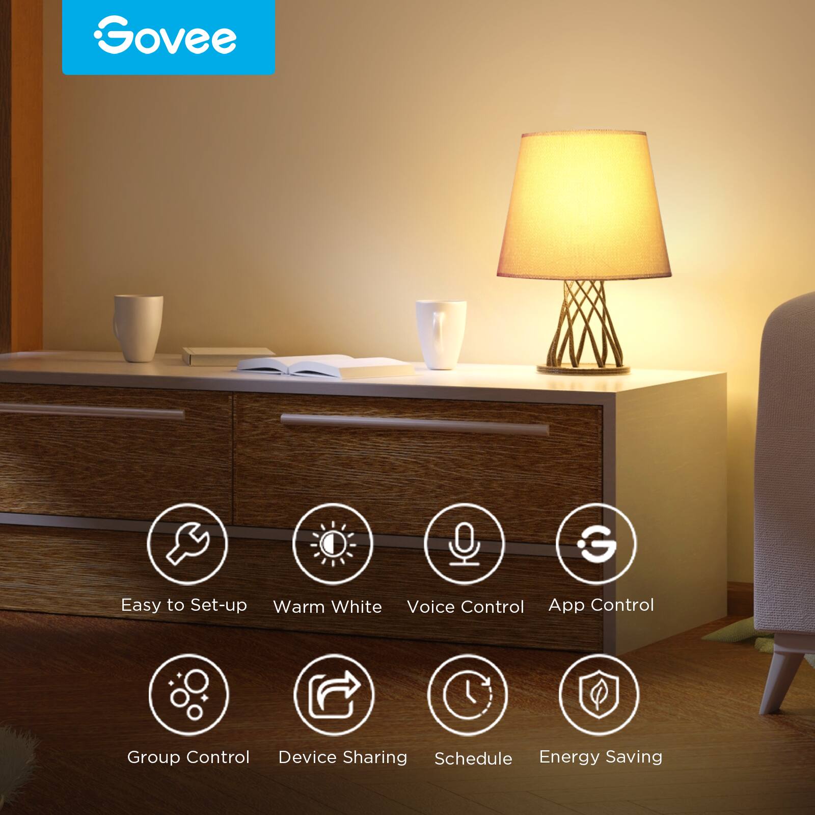 Govee

- Easy to Set-up
- Warm White
- Voice Control
- App Control
- Group Control
- Device Sharing
- Schedule
- Energy Saving