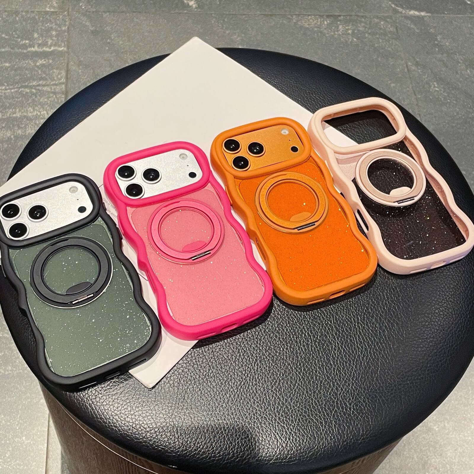 Alt View 3. Dteck - for Apple iPhone 17 Pro Max Wave-Frame Glitter Clear Case,Rugged Shock-absorbent Cover with Metal Rotation Kickstand - Orange.