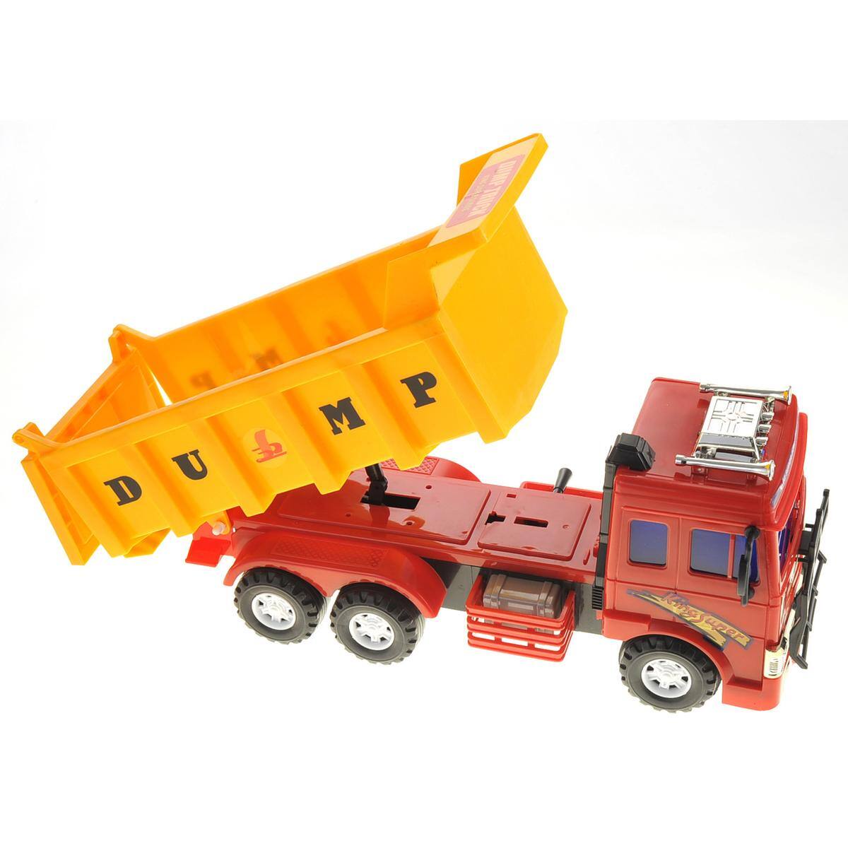 Alt View 2. JuzToys - Kids Toys Cars Realistic Construction Dump Truck Toy – Pull-Back Toy Vehicle with Liftable Dump Box – Red / Yellow - Multi.