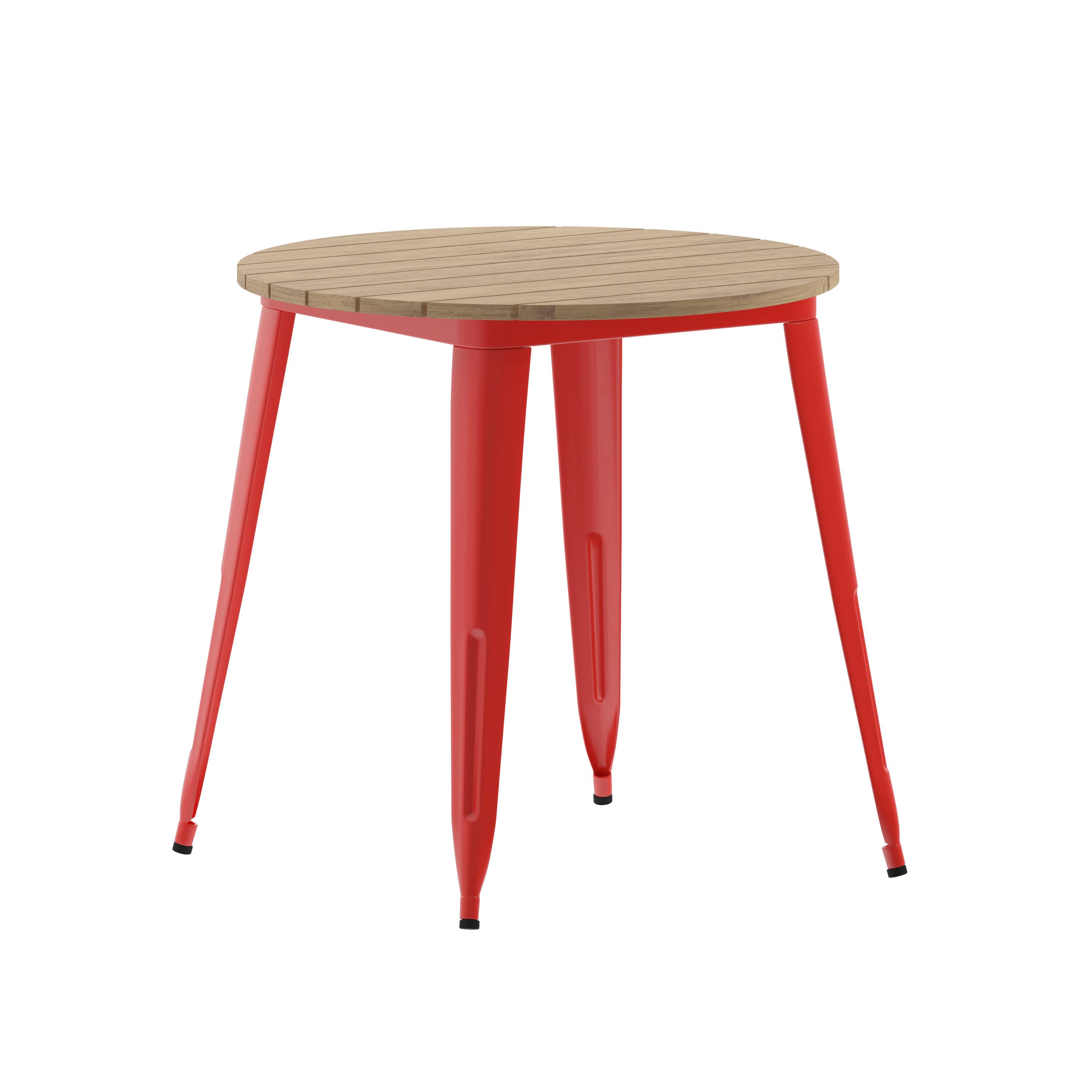 Alt View 1. Emma + Oliver - Drew Indoor/Outdoor Dining Table, 30" Round All Weather Poly Resin Top with Steel Base - Brown Top/Red Frame.