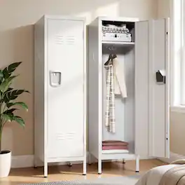 Loheer - Tall Metal Wardrobe Cabinet Slim Steel Clothing Locker with Ventilated Door Lock and Side Hooks for Home Office - Matte White