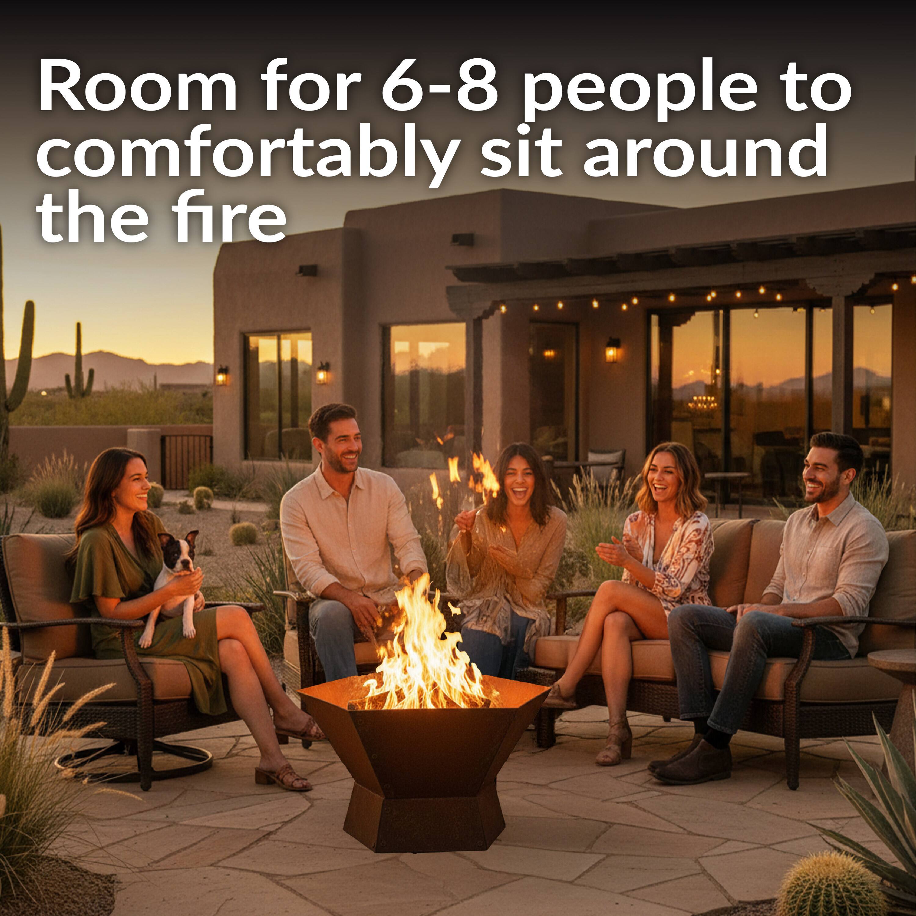 Room for 6-8 people to comfortably sit around the fire