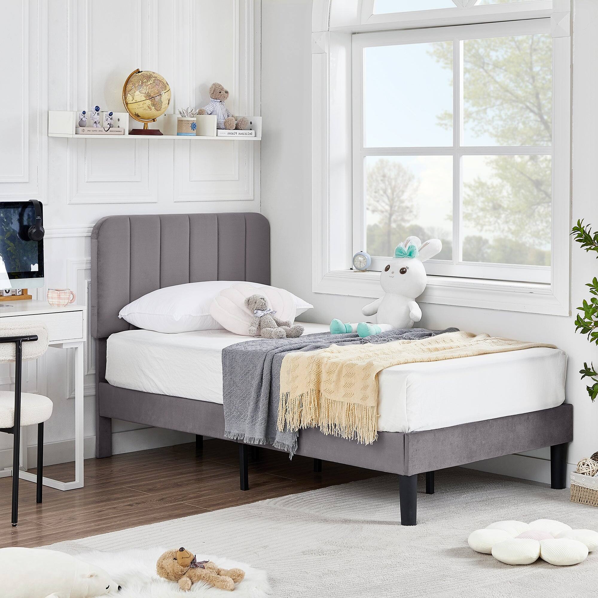 Alt View 3. Vecelo - Twin Bed Frame w/ Padded Headboard & Platform, Reinforced Wood Slats - No Box Spring, Velvet Dark Blue - Easy Assembly - Dark Gray.