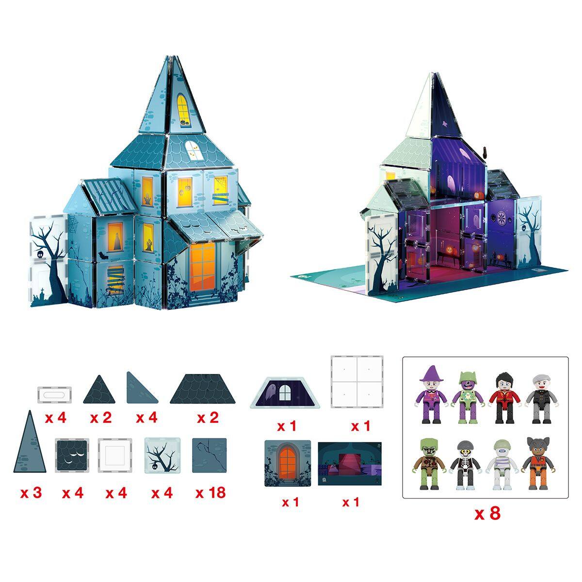 Alt View 3. PicassoTiles - PICASSO-TILES Magnetic Tiles for Kids, 57PCS Haunted Horror House Theme, STEM Building Blocks Educational Toy - Multicolor.