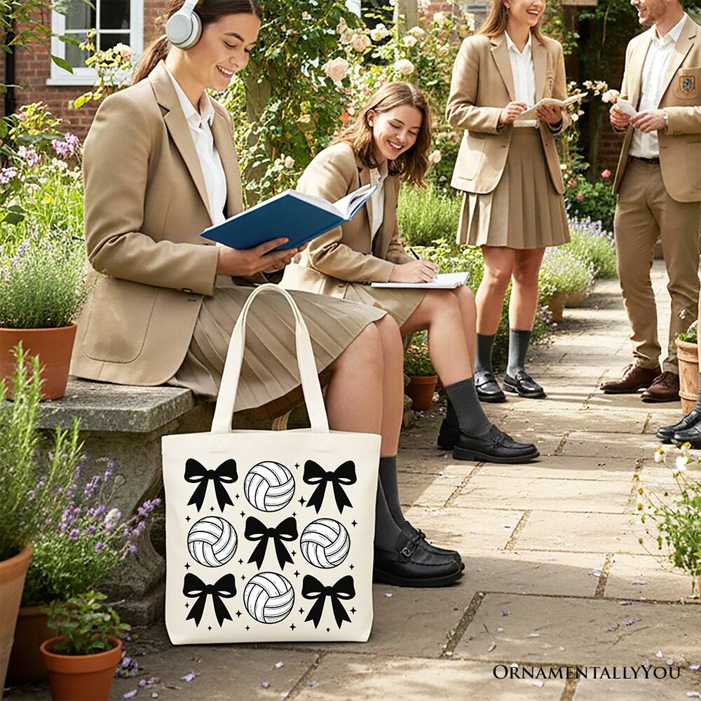 Left. OrnamentallyYou - Coquette Volleyball Bows Canvas Tote Bag, Cute Athletic Sports Game Day Gift Shopper - Beige.