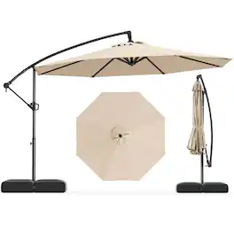 Costway - 10 FT Offset Hanging Umbrella with Base Patio Cantilever Umbrella 360° Rotation - Beige