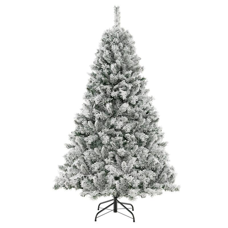 Left. WELLFOR - 6ft Pre‑lit Snow‑Flocked Hinged Artificial Christmas Tree with 664 Branch Tips &300 LED Lights for Xmas Decorated - Green & White.