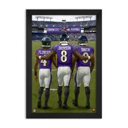 Sporticulture - Zay Flowers, Lamar Jackson & Roquan Smith Baltimore Ravens Framed Three-Player Art Print - Purple
