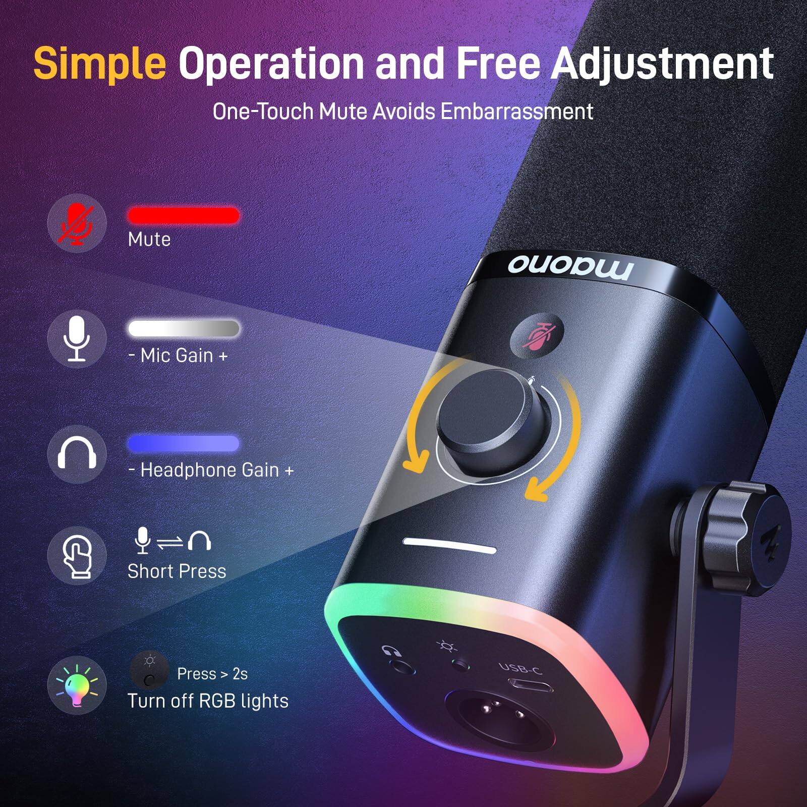 Simple Operation and Free Adjustment  
One-Touch Mute Avoids Embarrassment  

- Mute  
- Mic Gain +  
- Headphone Gain +  
- Short Press  
- Press > 2s  
- Turn off RGB lights  

USB-C