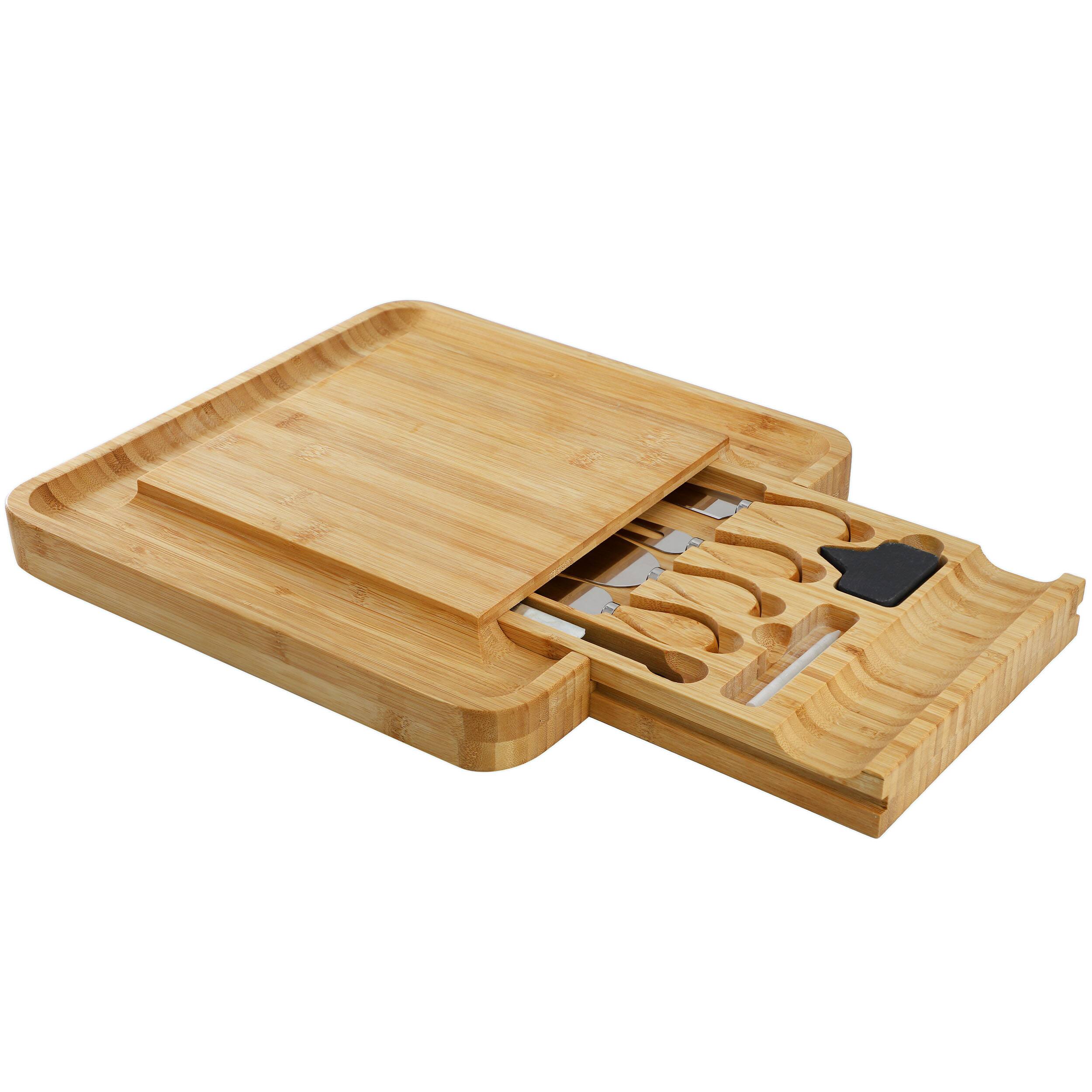 Alt View 1. MegaChef - MegaChef Bamboo Charcuterie Cheese Board w/ Drawer with Cheese Utensils, Bottle Opener, and 3 Piece Mini Chalkboard Set - Brown.