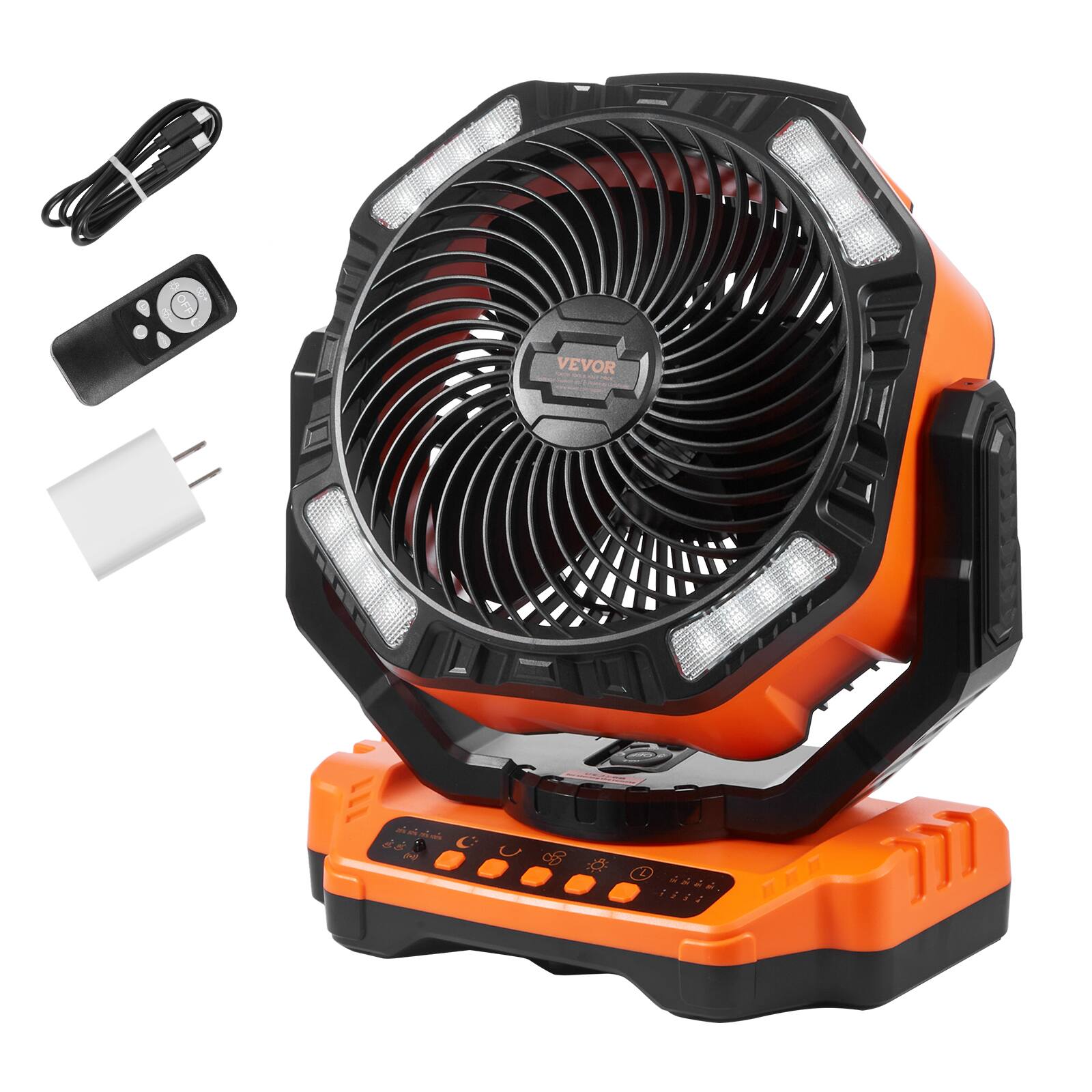 VEVOR - Portable Fan Rechargeable 13 inch, Battery Powered Fan with LED Lantern, 4 Speeds Adjustable & 45°/90°Automatic Swivel - Black, Orange