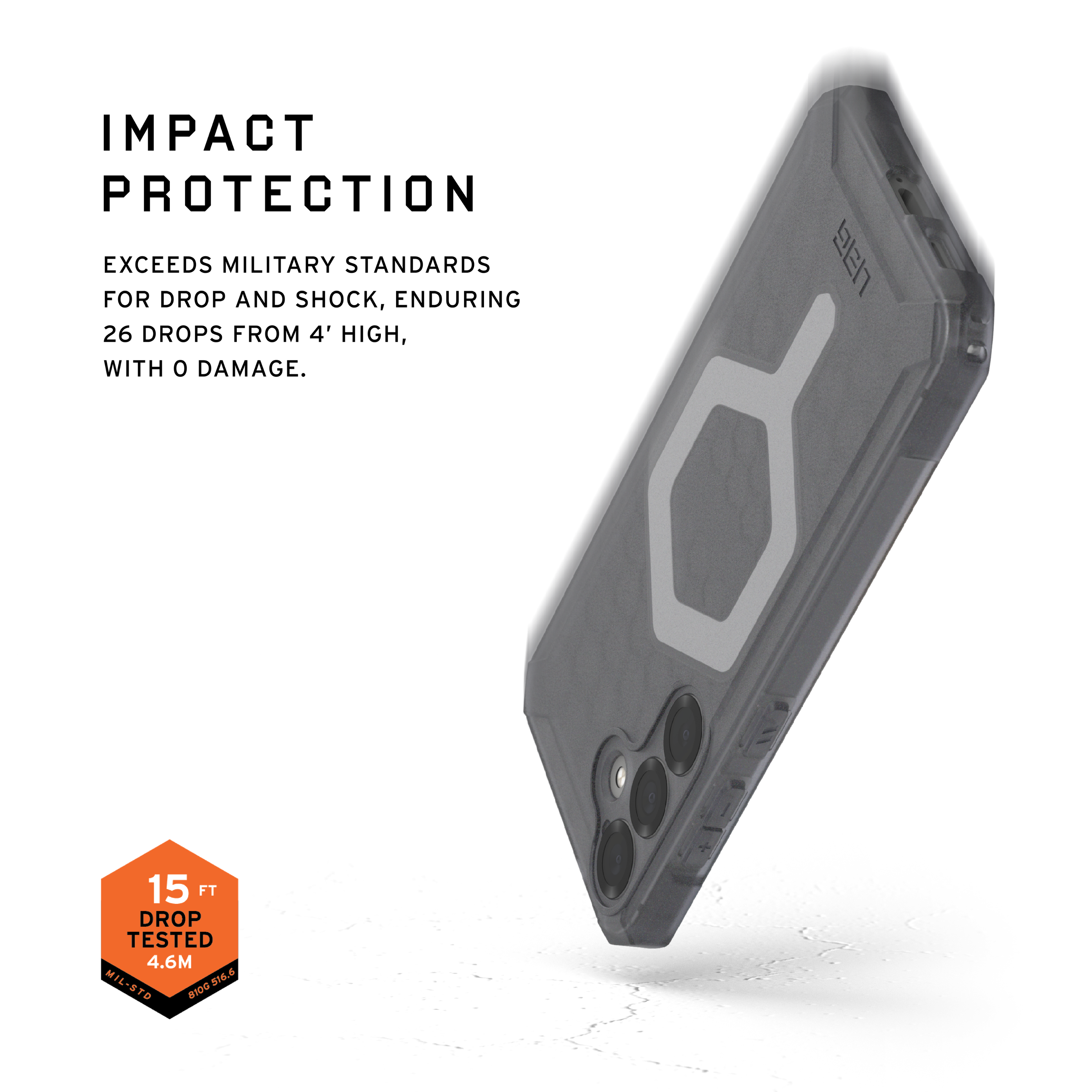 IMPACT PROTECTION: EXCEEDS MILITARY STANDARDS FOR DROP AND SHOCK, ENDURING 26 DROPS FROM 4.6M HIGH, WITH DAMAGE.