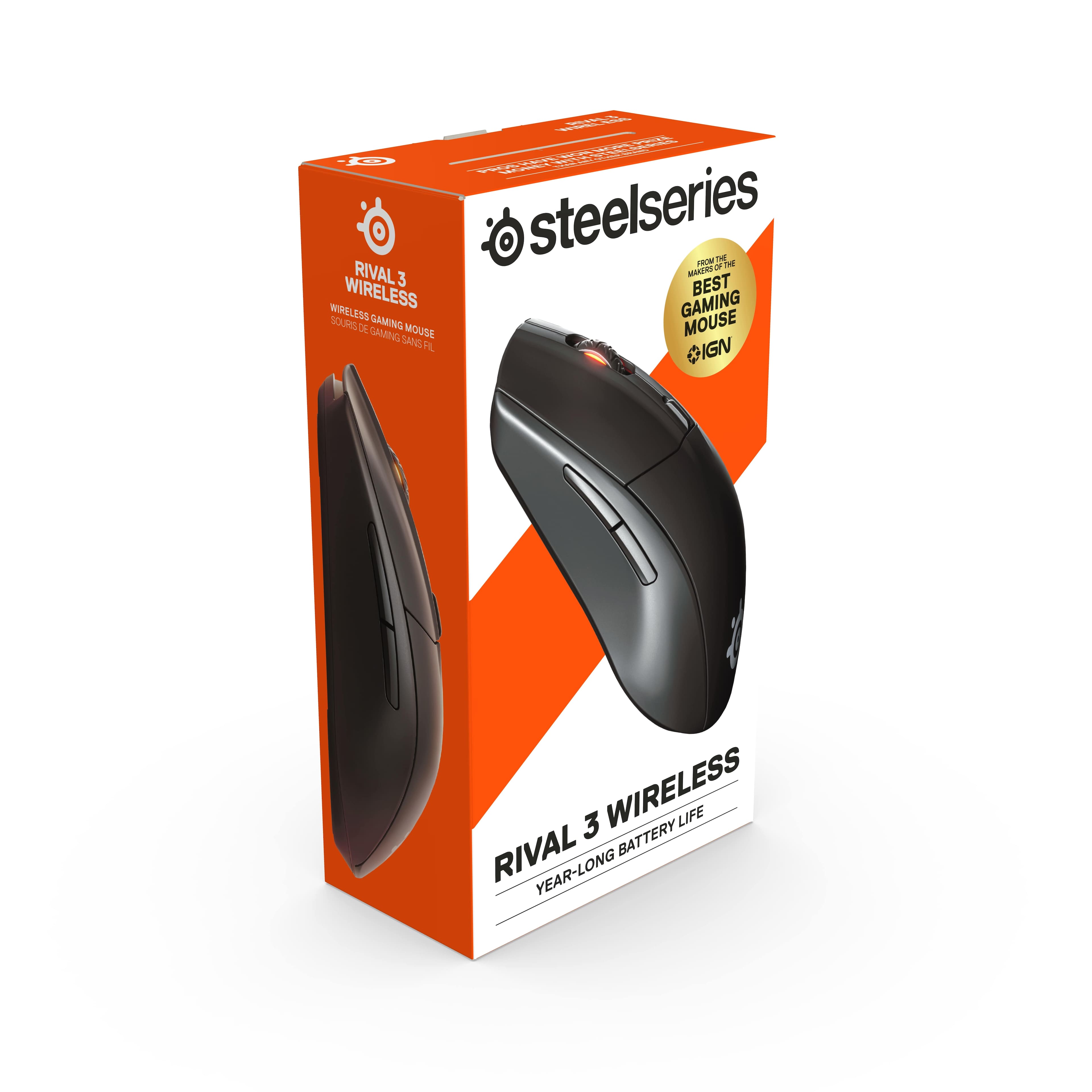 The text on the image is: "Rival 3 Wireless Gaming Mouse - 1 year long battery life - Best Wireless Gaming Mouse - Steelseries."